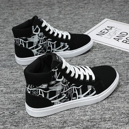 High Top Strap Graffiti Printed Flat Sole Men Shoes