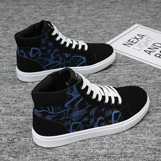 High Top Strap Graffiti Printed Flat Sole Men Shoes